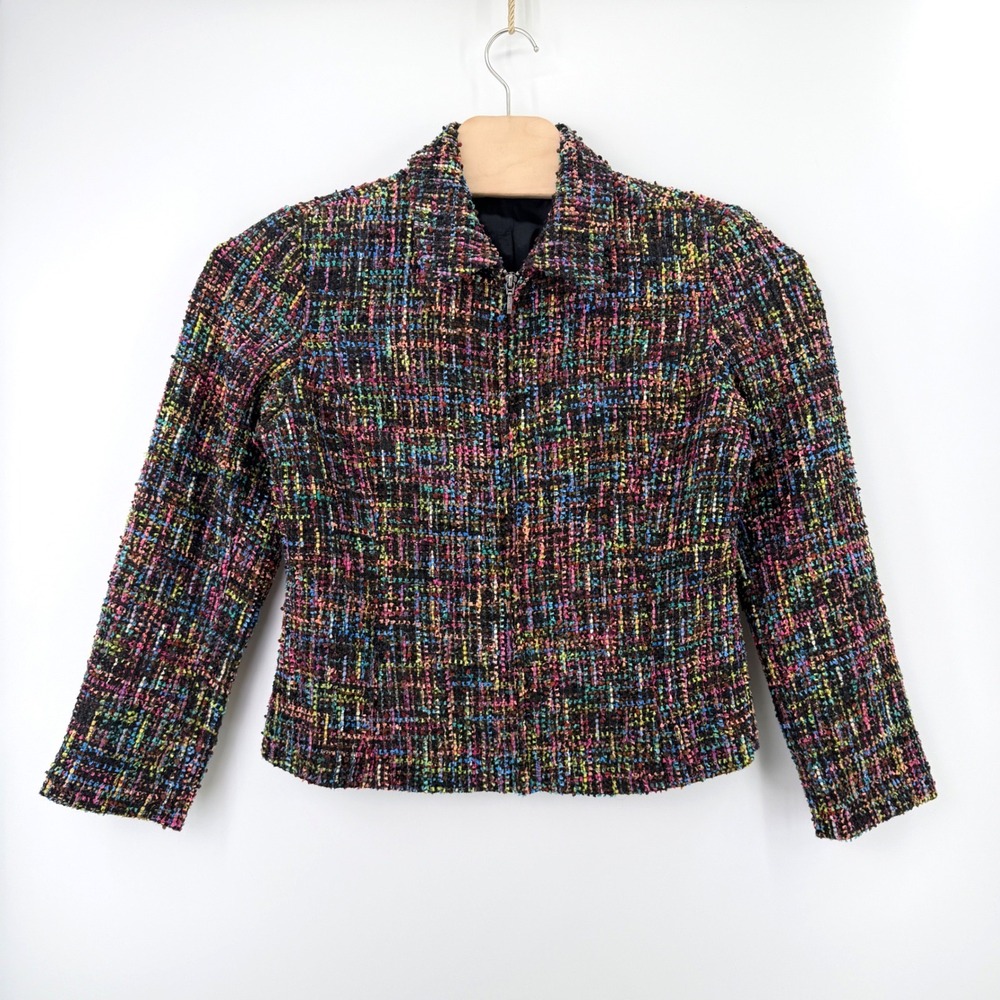 Coldwater Creek Multi Color Tweed Blazer 12 Wool Blend Zip Front Career Colorful